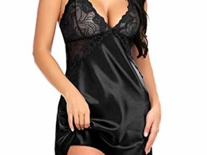 ADOME Satin Negligee Dessous Set für Damen Kurz Nachtwäsche Nachthemd Sleepwear Lingerie Spitze-BH mit String