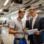 Betriebshaftpflichtversicherung vergleichen Quality control inspector and metal worker reading reports in industrial building.